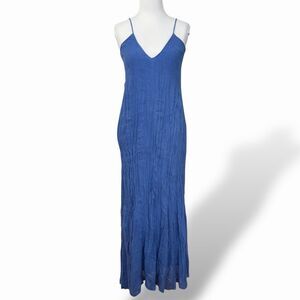Zara Linen Dress Size M Blue Beachwear Sundress Long w Pockets Asymmetrical Hem